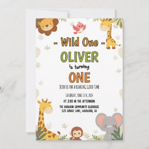 Wild One Safari Cartoon First Birthday Invitation