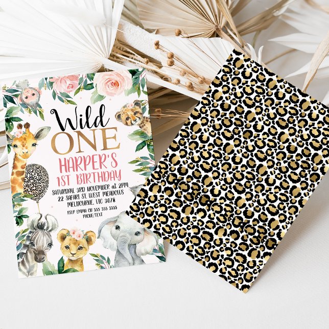 Wild One Safari Cheetah Print Balloon 1st Birthday Invitation (Leopard Print Wild One 1st Birthday for girl - cheetah print, cheetah print balloon,  pink floral)