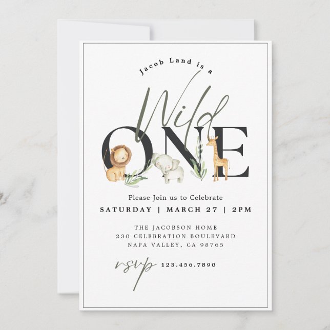 Wild One Safari First Birthday Invitation (Front)