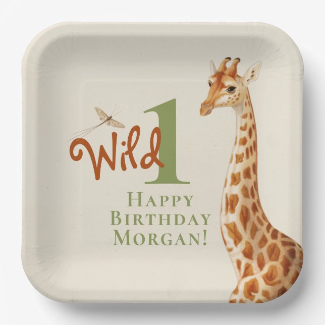 Wild One Safari Giraffe Birthday Gender Neutral Paper Plate (Front)