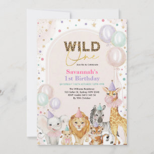 Wild One Safari Girl 1st Birthday Pink Gold Invitation