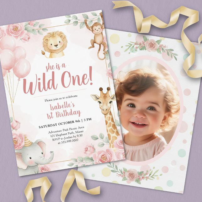 Wild One Safari Girl Jungle Birthday Party Photo Invitation (Wild One Safari Girl Jungle Birthday Party Photo Invitation)
