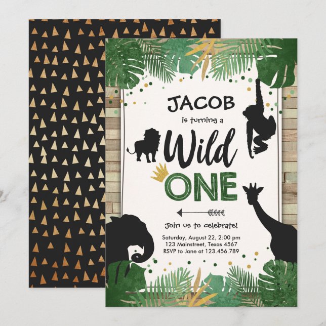 Wild One Safari Gold Boy Animals Birthday Party Invitation (Front/Back)
