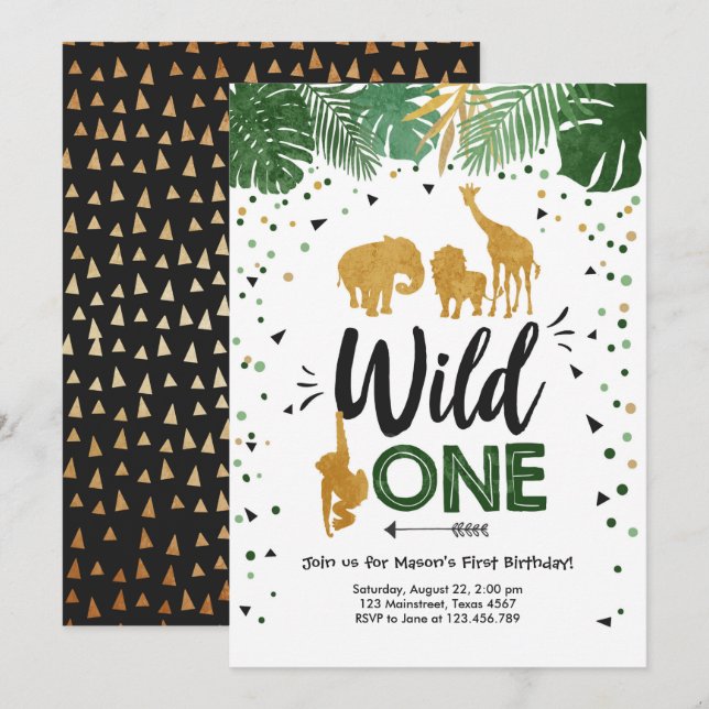Wild One Safari Gold Boy Animals Birthday Party Invitation (Front/Back)