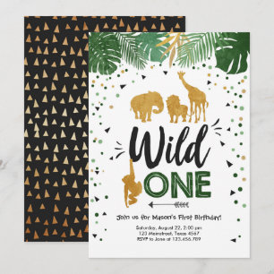 Wild One Safari Gold Boy Animals Birthday Party Invitation