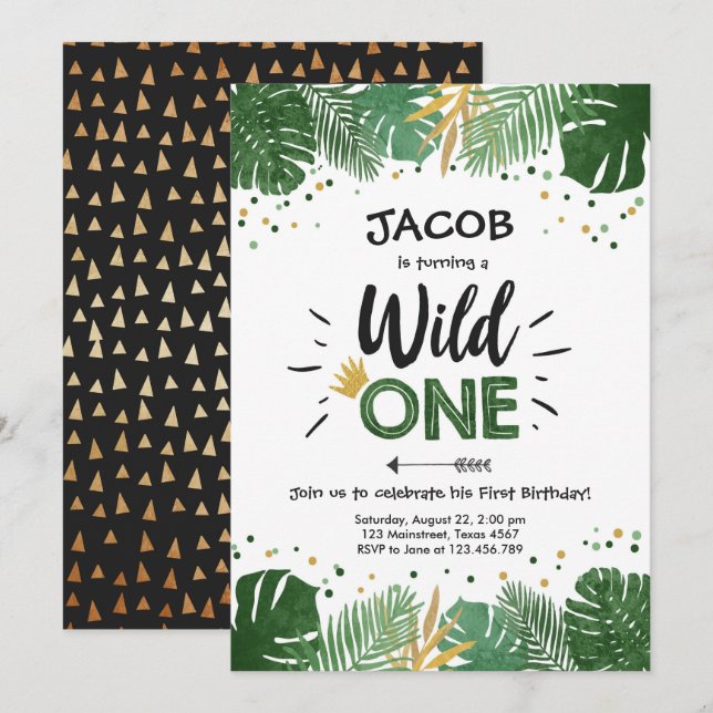 Wild One Safari Gold Boy Animals Birthday Party Invitation (Front/Back)