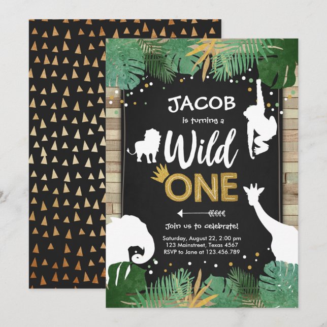 Wild One Safari Gold Boy Animals Birthday Party Invitation (Front/Back)