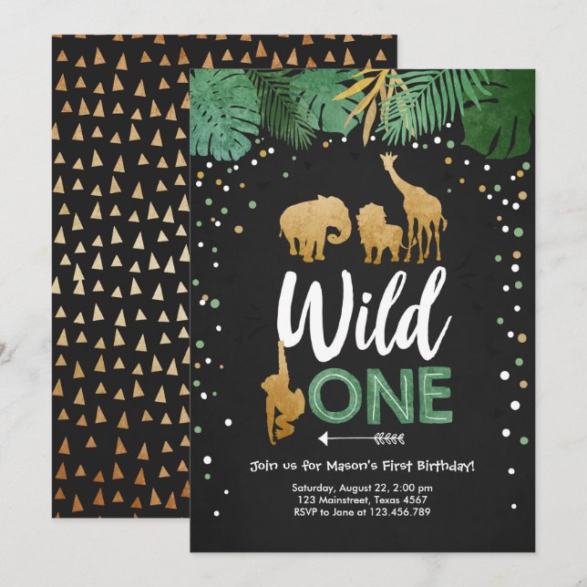 Wild One Safari Gold Boy Animals Birthday Party Invitation (Front/Back)