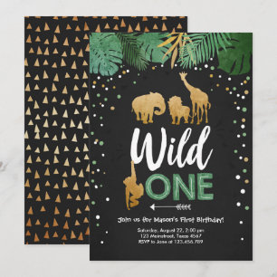 Wild One Safari Gold Boy Animals Birthday Party Invitation