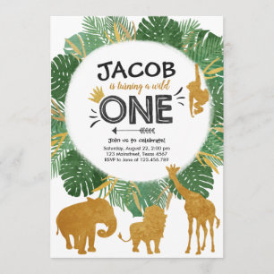 Wild One Safari Gold Boy Animals Birthday Party Invitation