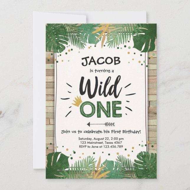 Wild One Safari Gold Boy Animals Birthday Party Invitation (Front)