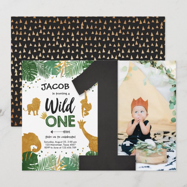 Wild One Safari Gold Boy Animals Birthday Party Invitation (Front/Back)