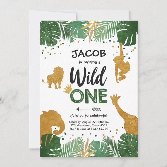 Wild One Safari Gold Boy Animals Birthday Party Invitation (Front)