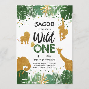 Wild One Safari Gold Boy Animals Birthday Party Invitation