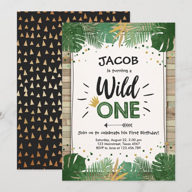 Wild One Safari Gold Boy Animals Birthday Party Invitation (Front/Back)