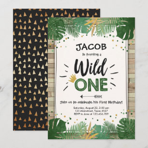 Wild One Safari Gold Boy Animals Birthday Party Invitation