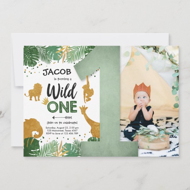 Wild One Safari Gold Boy Animals Birthday Party Invitation (Front)