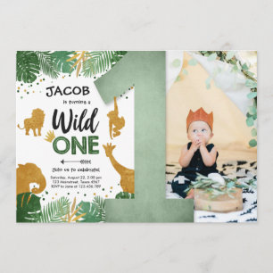 Wild One Safari Gold Boy Animals Birthday Party Invitation
