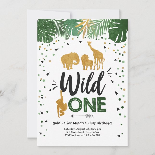 Wild One Safari Gold Boy Animals Birthday Party Invitation (Front)