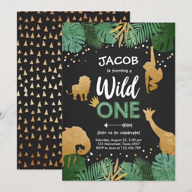 Wild One Safari Gold Boy Animals Birthday Party Invitation (Front/Back)