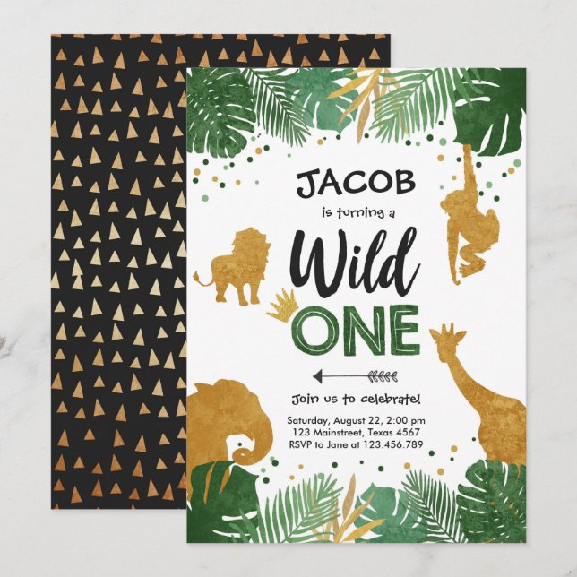 Wild One Safari Gold Boy Animals Birthday Party Invitation (Front/Back)