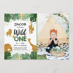 Wild One Safari Gold Boy Animals Birthday Party Invitation
