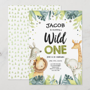 Wild One Safari Gold Boy Green Animals Birthday Invitation