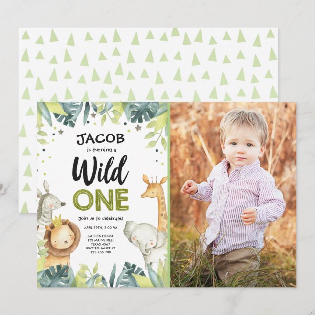 Wild One Safari Gold Boy Green Animals Birthday Invitation (Front/Back)