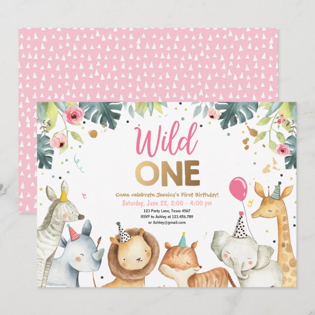 Wild One Safari Gold Girl Animals Birthday Party Invitation (Front/Back)