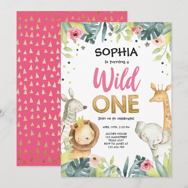 Wild One Safari Gold Girl Pink Animals Birthday Invitation (Front/Back)