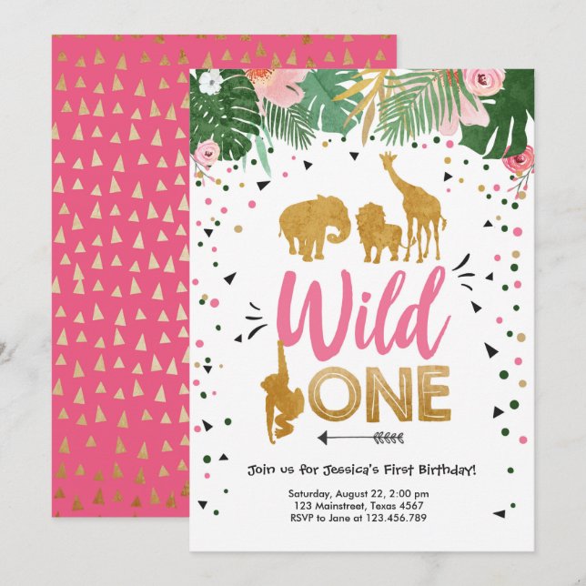 Wild One Safari Gold Girl Pink Animals Birthday Invitation (Front/Back)