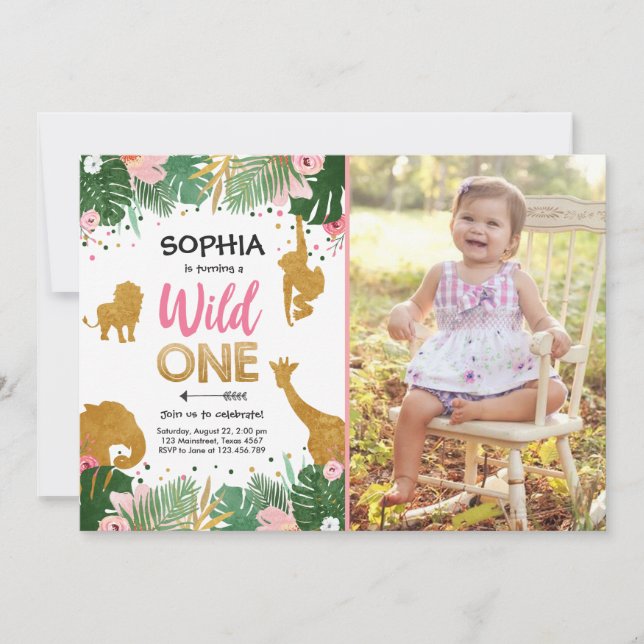 Wild One Safari Gold Girl Pink Animals Birthday Invitation (Front)
