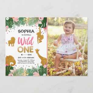 Wild One Safari Gold Girl Pink Animals Birthday Invitation
