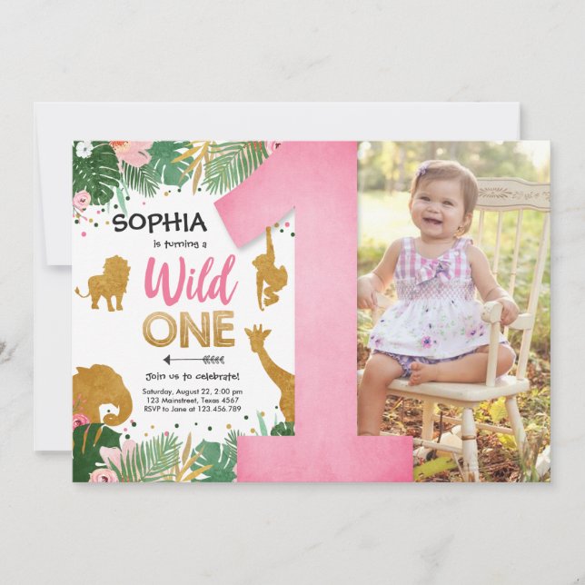 Wild One Safari Gold Girl Pink Animals Birthday Invitation (Front)