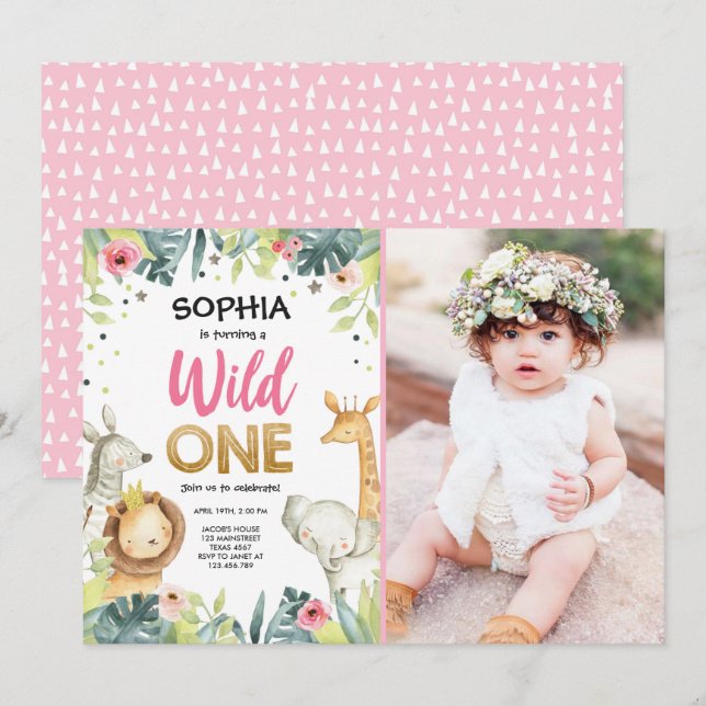 Wild One Safari Gold Girl Pink Animals Birthday Invitation (Front/Back)
