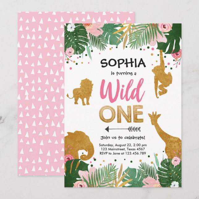 Wild One Safari Gold Girl Pink Animals Birthday Invitation (Front/Back)