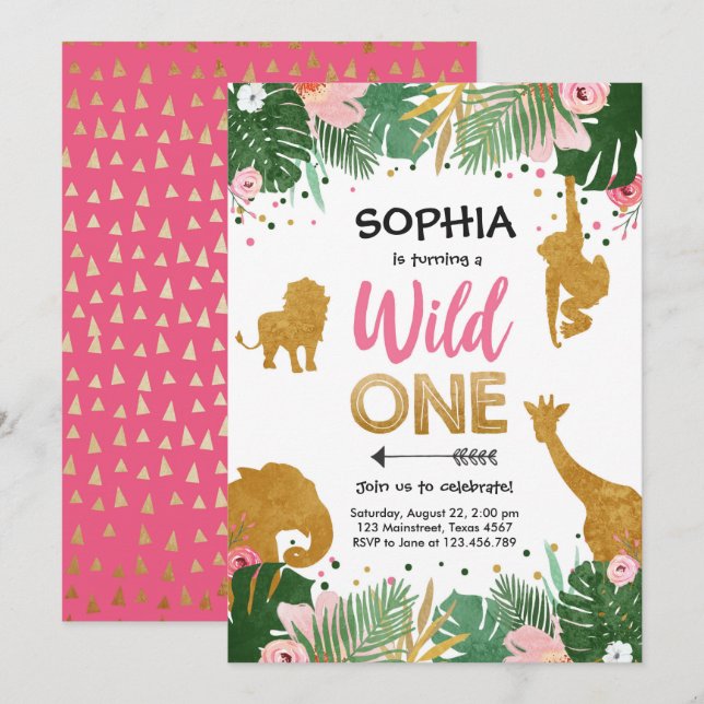 Wild One Safari Gold Girl Pink Animals Birthday Invitation (Front/Back)