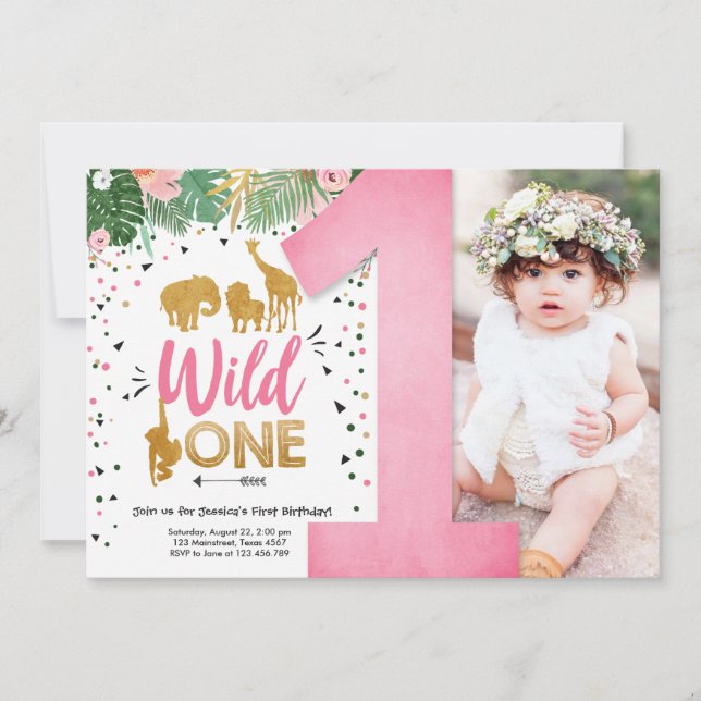 Wild One Safari Gold Girl Pink Animals Birthday Invitation (Front)