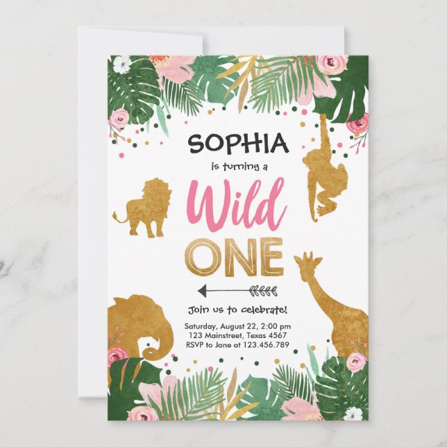 Wild One Safari Gold Girl Pink Animals Birthday Invitation (Front)