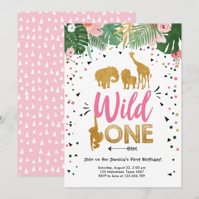 Wild One Safari Gold Girl Pink Animals Birthday Invitation (Front/Back)