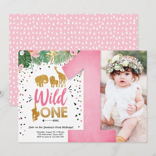 Wild One Safari Gold Girl Pink Animals Birthday Invitation (Front/Back)