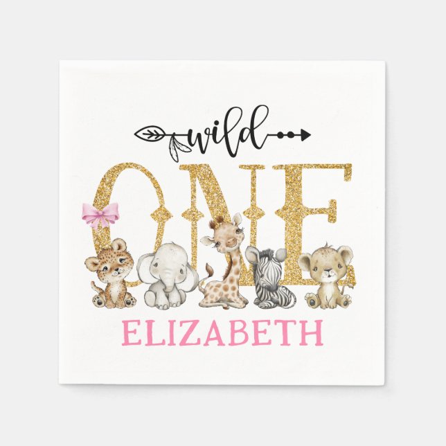 Wild One Safari Gold Glitter First Birthday Napkin (Front)