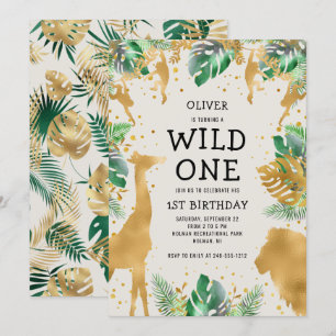 Wild One Safari Green Gold Ecru 1st Birthday Invitation