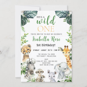Wild One Safari green leaves Birthday Invitation