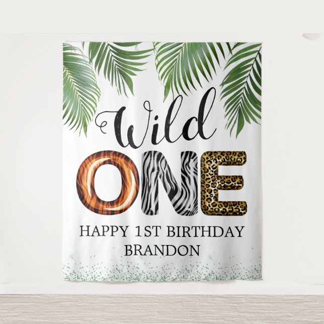 Wild One Safari Jungle 1st Birthday Photo Backdrop Tapestry (Front)