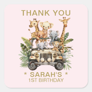 Wild One Safari Jungle 1st Birthday Thank You Pink Square Sticker
