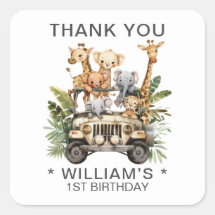Wild One Safari Jungle 1st Birthday Thank You Square Sticker