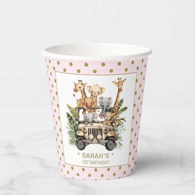 Wild One Safari Jungle 1st First Birthday Pink Paper Cups (Front)
