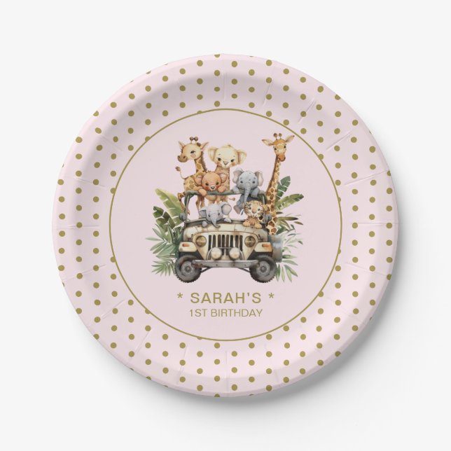 Wild One Safari Jungle 1st First Birthday Pink Paper Plate (Front)