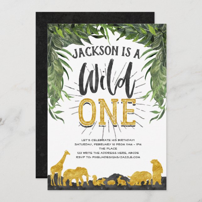 Wild One, Safari, Jungle, Animal, 1st birthday Invitation (Front/Back)